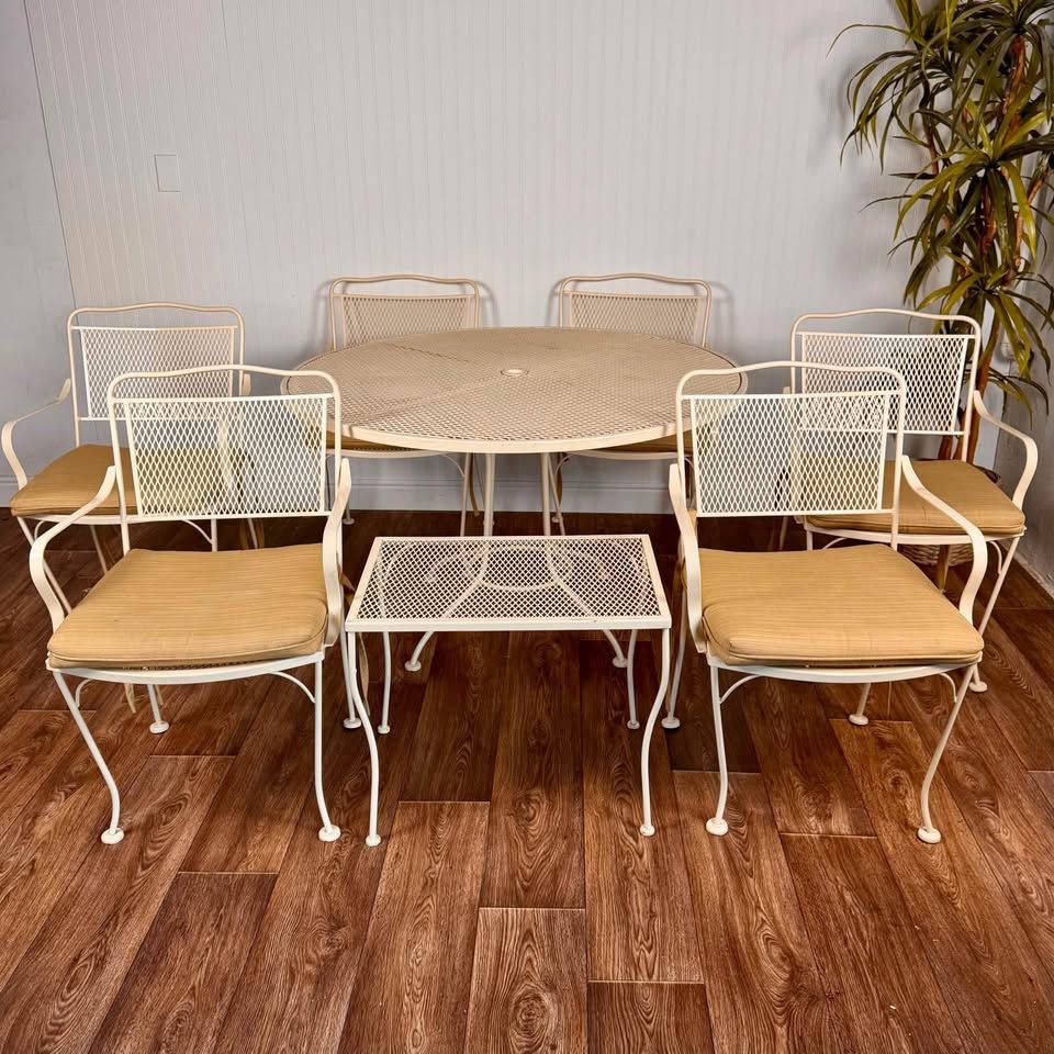 Vintage White Patio Set - 6 chairs w/ cushions and Side table