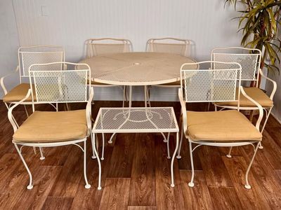 Vintage White Patio Set - 6 chairs w/ cushions and Side table