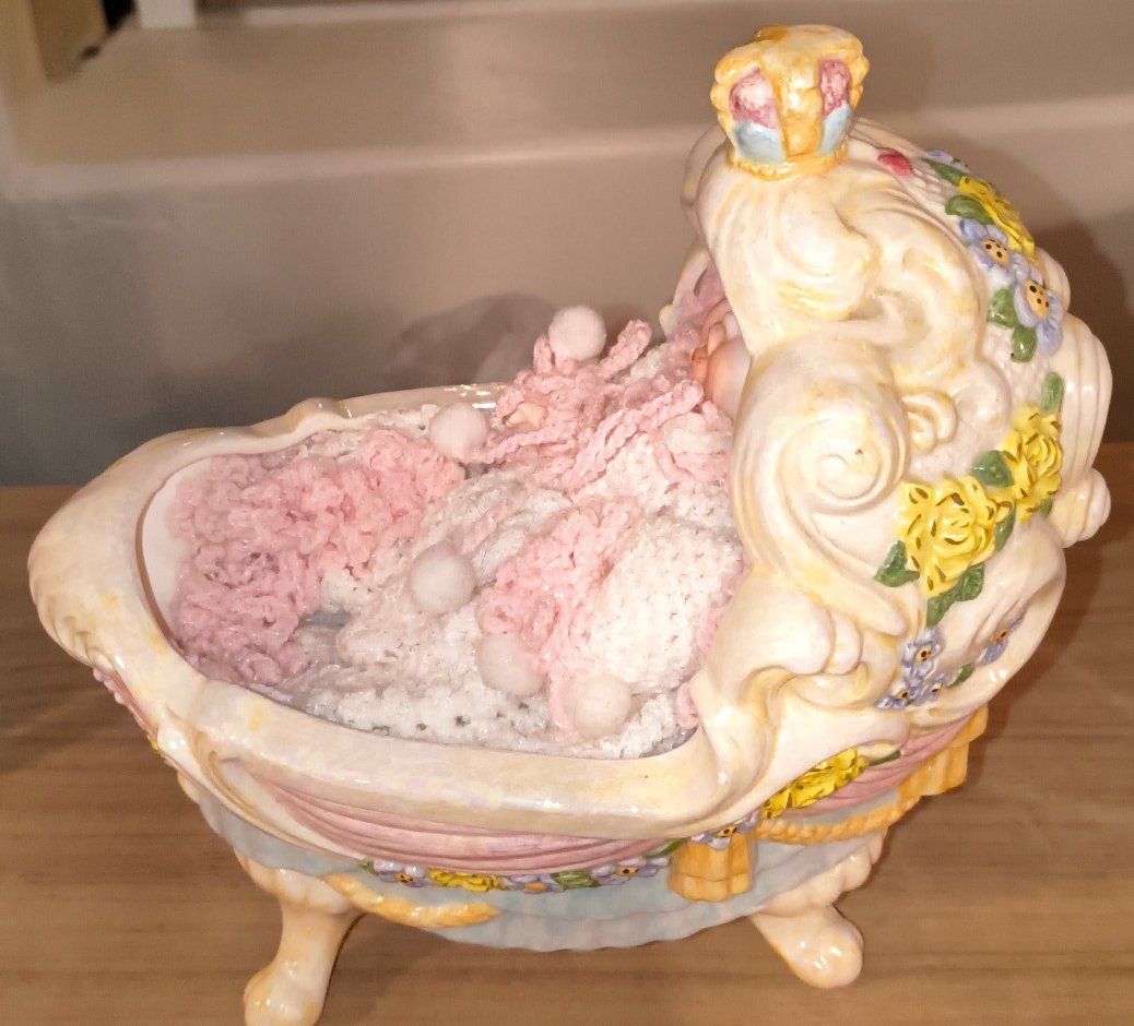 Vintage Porcelain Baby in Ornate Bassinet Ceramic Figurine