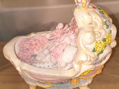 Vintage Porcelain Baby in Ornate Bassinet Ceramic Figurine