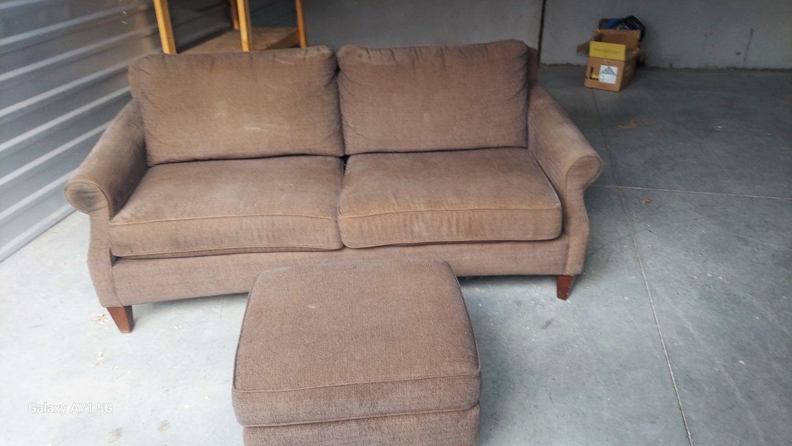 Brown Fabric Sofa with Matching Ottoman