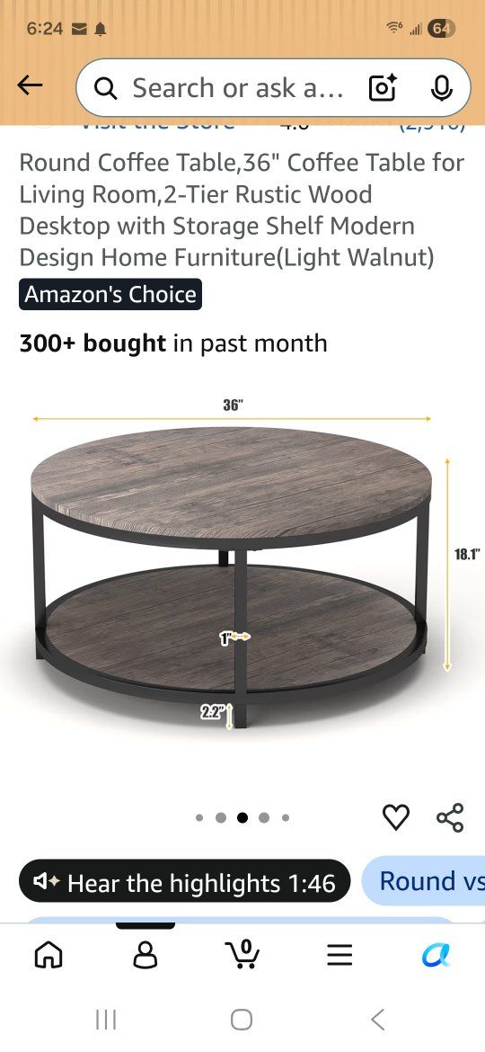 36" Round 2-Tier Coffee Table, Rustic Wood & Metal, Light Walnut Finish, 18.1" Tall