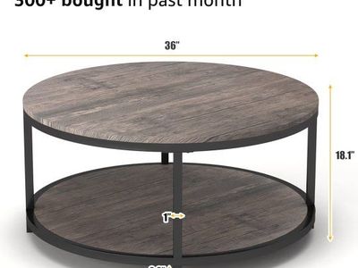 36" Round 2-Tier Coffee Table, Rustic Wood & Metal, Light Walnut Finish, 18.1" Tall