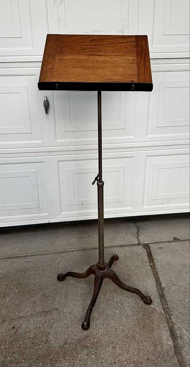 Vintage Art Deco Cast Iron Music Stand - Adjustable Height 28-45" with Wood Top