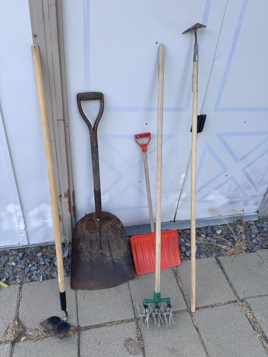 Used Gardening Tool Lot: Hoe, Shovel, Cultivator, Small Shovel