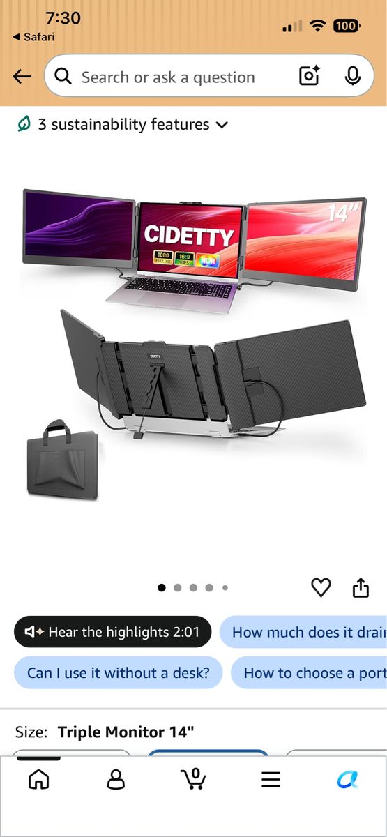CIDETTY Laptop Screen Extender, 14'' FHD 1080P IPS Ultra-Thin Dual/Triple Monitor Display, HDMI/USB-C Plug-Play Portable Monitor