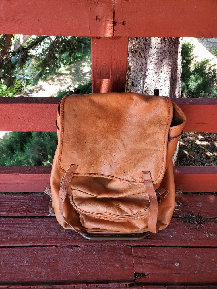 Vintage Leather Backpack Rucksack with External Frame and Front Pocket Drawstring Closure