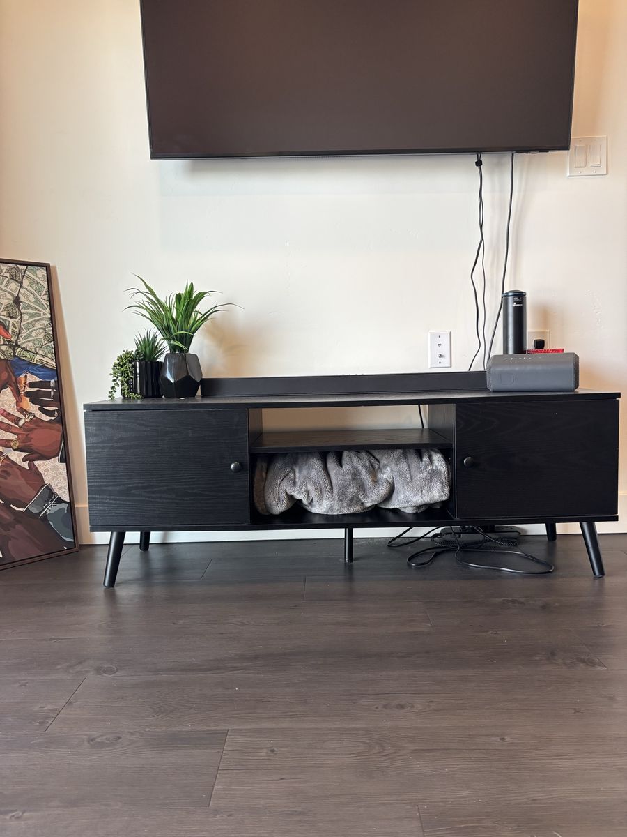 Black Modern Mid-Century TV Stand Media Console with Storage Doors