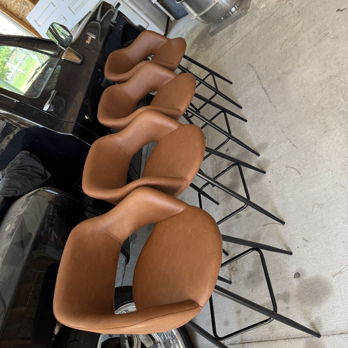 Set of 4 Modern Brown Faux Leather Bar Stools with Black Metal Legs, Counter Height