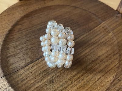 1950's Curled Wired Bracelet with Fax Pearls and Crystals - Vintage