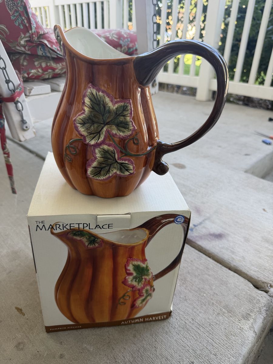 The Marketplace Autumn Harvest Pumpkin Pitcher, Ceramic, 9.5" Tall, Fall Decor
