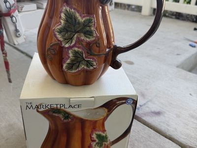 The Marketplace Autumn Harvest Pumpkin Pitcher, Ceramic, 9.5" Tall, Fall Decor