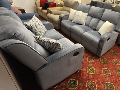 🩶 Blue-Grey Fabric Reclining Sofa and Love Sea