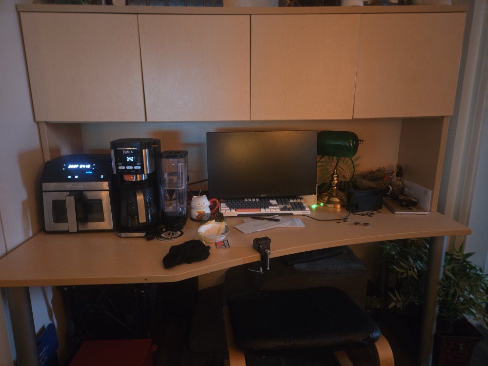 Light Wood Finish Computer Desk with Overhead Storage Cabinet Hutch