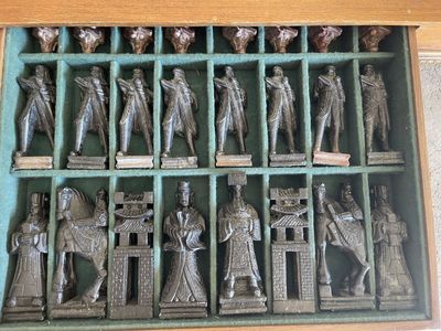 *120 OBO* - Vintage Hand-Carved Stone Chinese Chess Set with Wooden Storage Box, Complete 32 Pieces