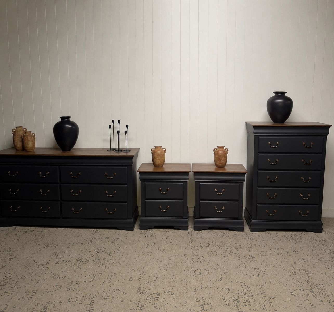 Large solid wood black dresser set