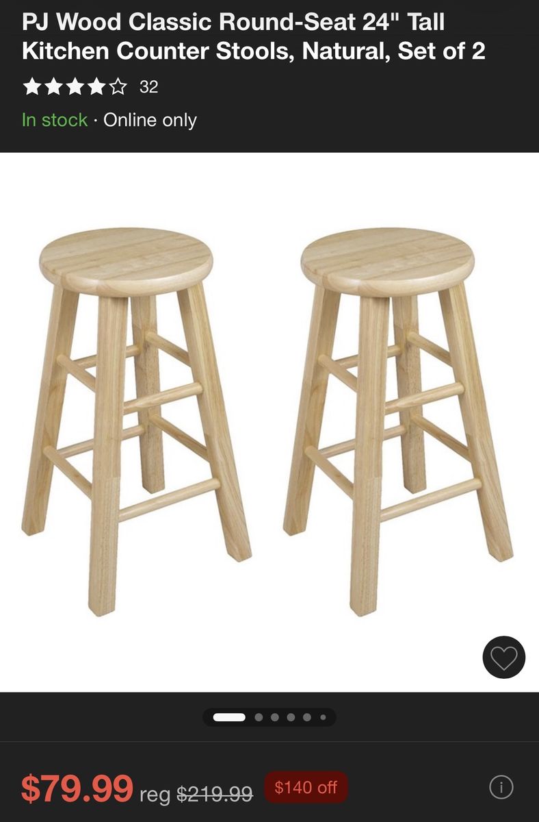 PJ Wood Classic Round-Seat 24" Tall Kitchen Counter Stools Natural Set of 2