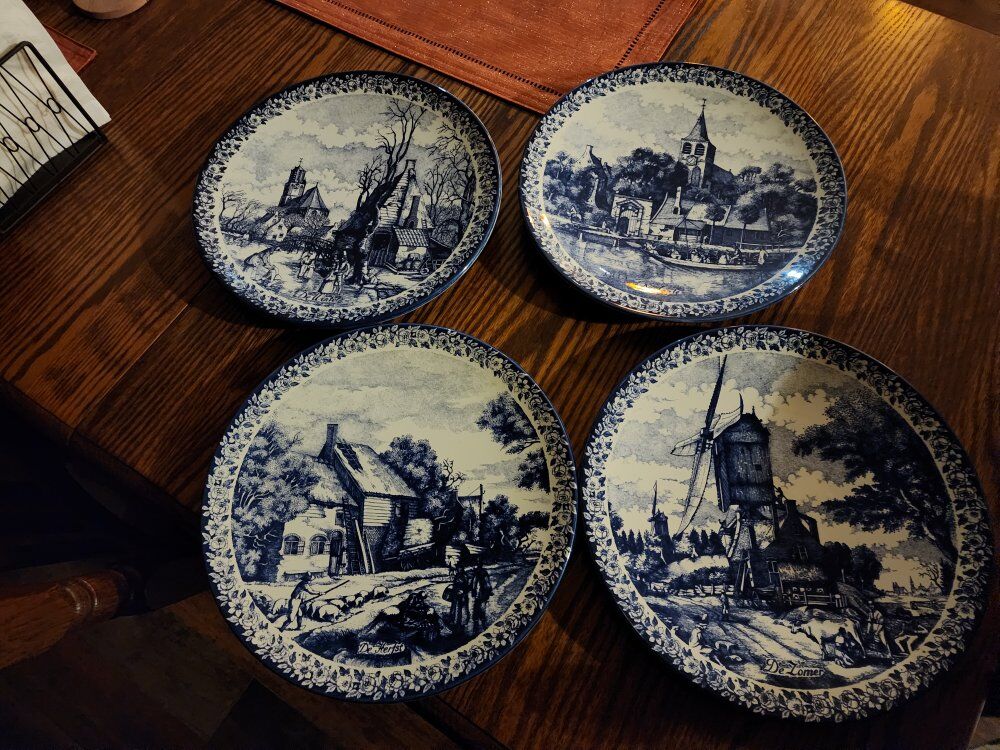 Dutch blue Delft plates, vase, and violin