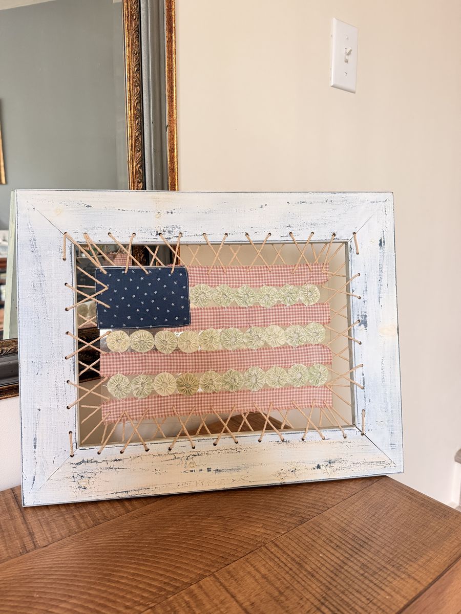 Primitive Distressed Wooden Framed Fabric American Flag Wall Art Decor