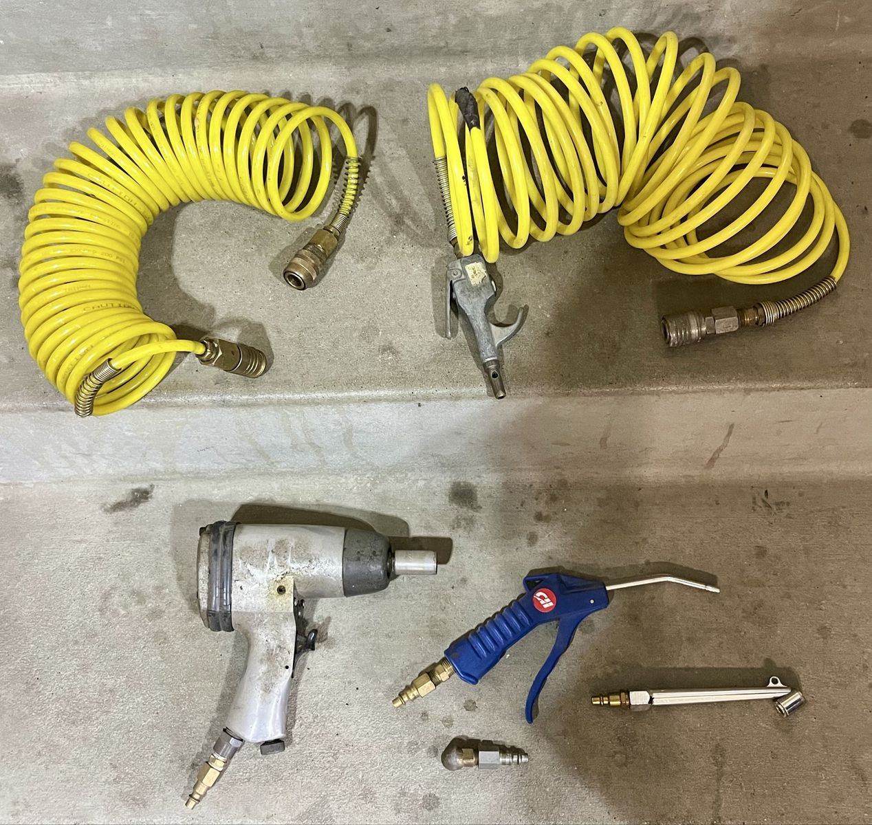 Air Tool Lot: Pneumatic Impact Wrench, Air Hoses, & Blow Guns - Used Condition