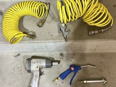 Air Tool Lot: Pneumatic Impact Wrench, Air Hoses, & Blow Guns - Used Condition