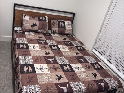 Queen bed frame w/ Mattress and Western Quilt and Pillow