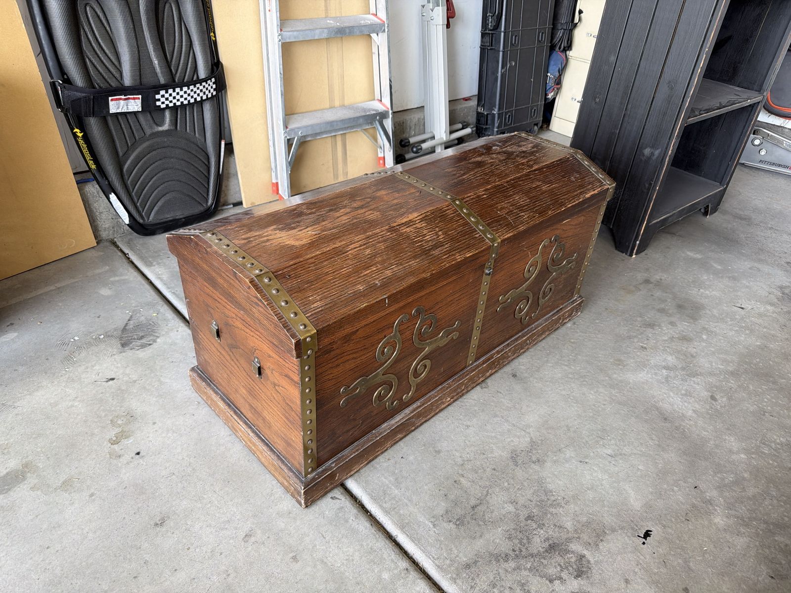Vintage Wooden Storage Chest with Brass Accents and Domed Lid