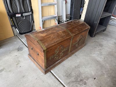 Vintage Wooden Storage Chest with Brass Accents and Domed Lid