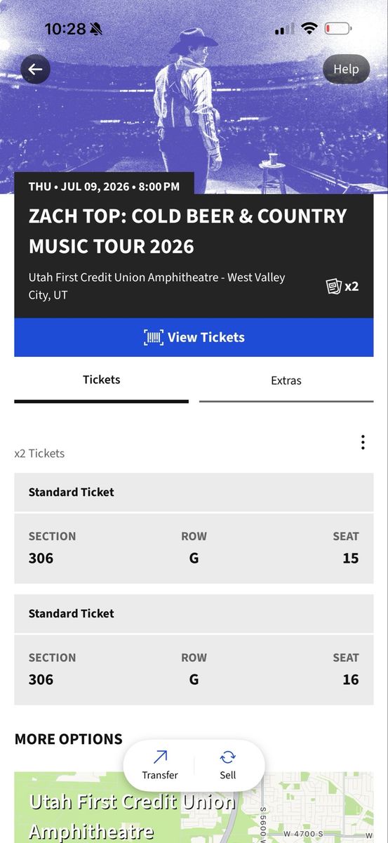 Zach Top: Cold Beer & Country Music Tour 2026 - 2 Tickets, Sec 306, Row G, West Valley City, UT