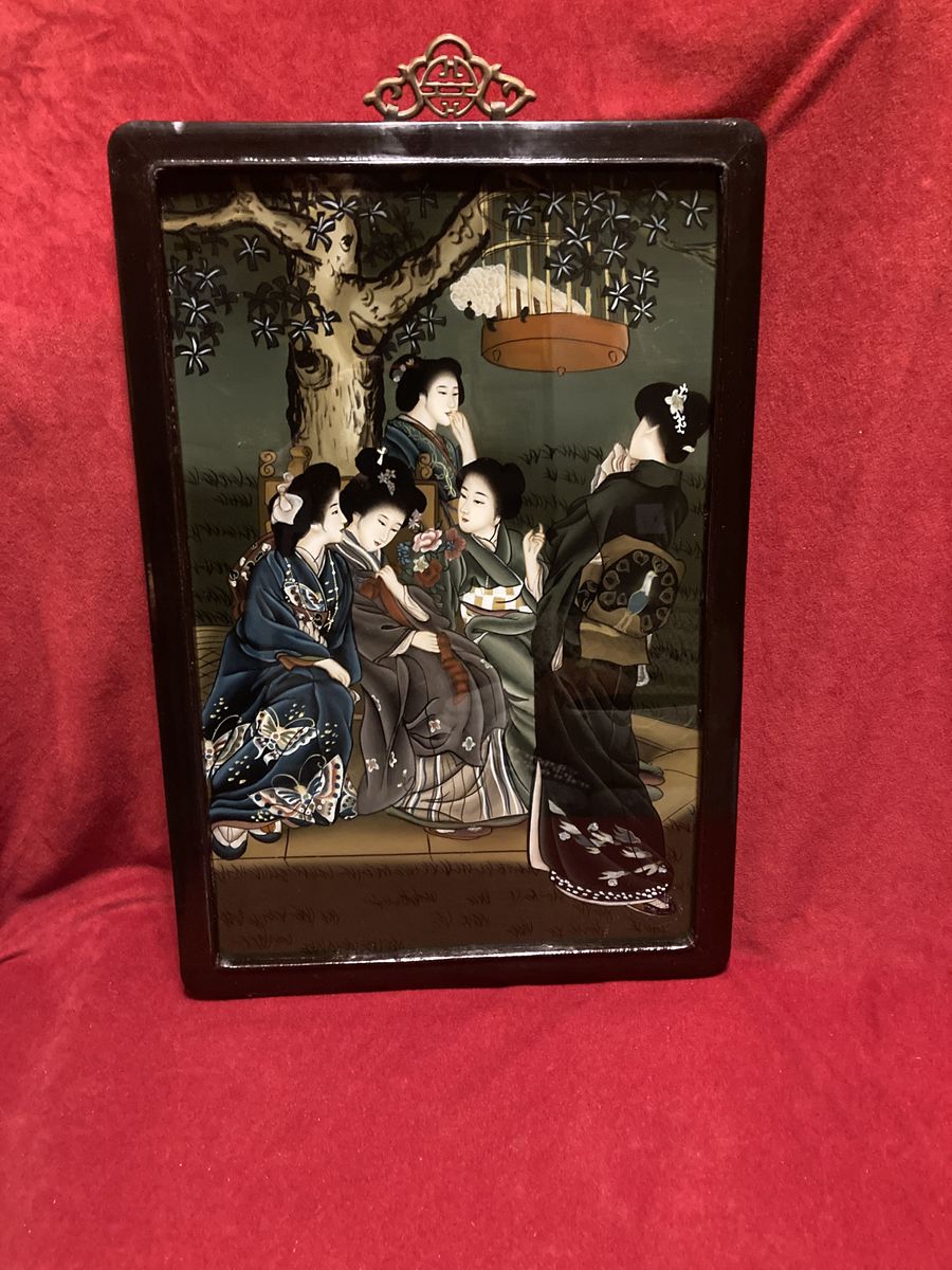 Antique Chinese Reverse Glass Painting Geisha’s In a Garden With a Bird