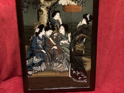 Antique Chinese Reverse Glass Painting Geisha’s In a Garden With a Bird