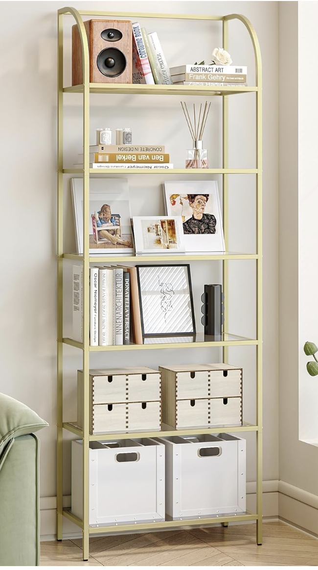 NEW Hzuaneri BC22699G Tempered Glass 6-tiered Arched Bookshelf Storage Increased Slim Shelving Unit