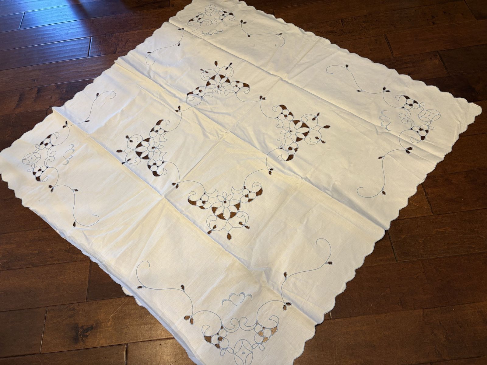 Vintage Linen Tablecloth w/ Blue Embroidered Cut-Work