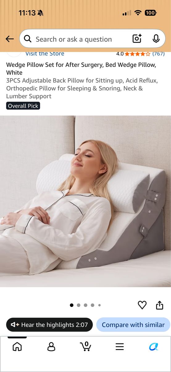 3-Piece Adjustable Bed Wedge Pillow Set for Surgery Recovery and Acid Reflux, White/Grey