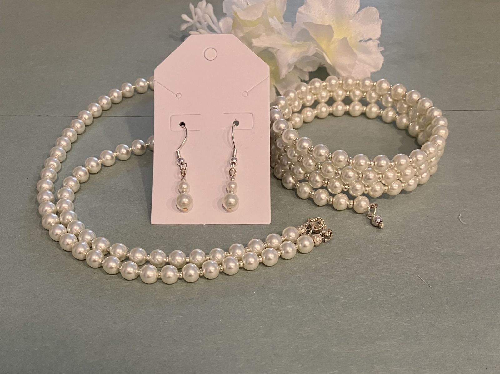 Handmade Beaded Pearl Necklace, Earrings and Coil Bracelet Set