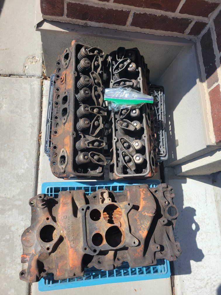 Vintage GM 14101083 & 14101081 Small Block Chevy Engine Cylinder Heads with Intake Manifold