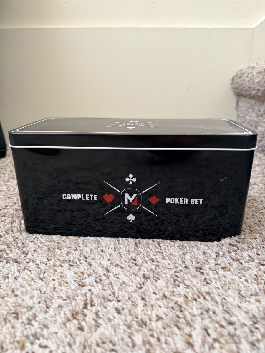 Complete Poker Set with Chips, Cards, and Felt Mat in Storage Tin - Perfect for Game Night!