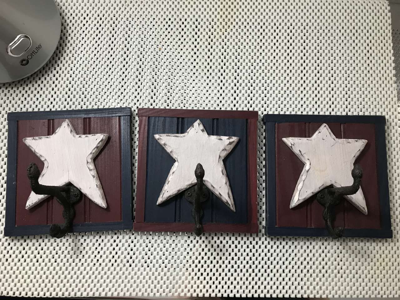 3 Wood Wall Plaques w/Wood Stars, Wrought Iron Hooks, Dark Red, White, Blue, New