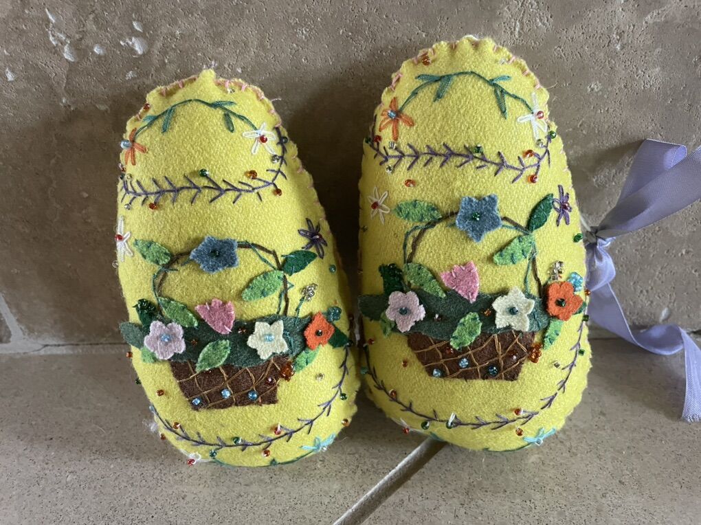 2 New Felt Egg Ornaments W/ Flower Baskets