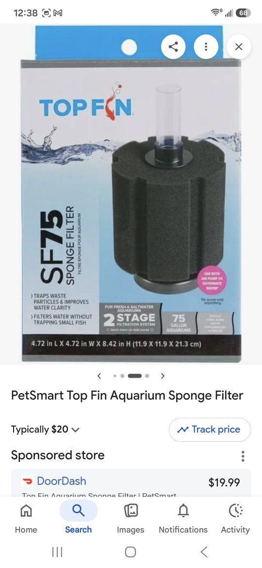 Top Fin SF75 2-Stage Sponge Filter for 75-Gallon Fresh & Saltwater Aquariums