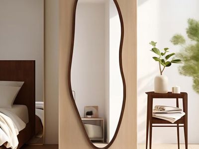 Irregular Full Length Mirror, 65"x22" Wood Full Body Mirror Walnut