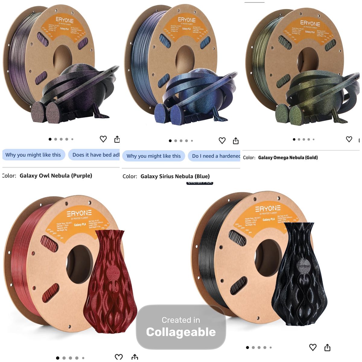 Eryone Galaxy PLA 3D Printer Filament - 1kg Rolls (Multiple Colors Available)