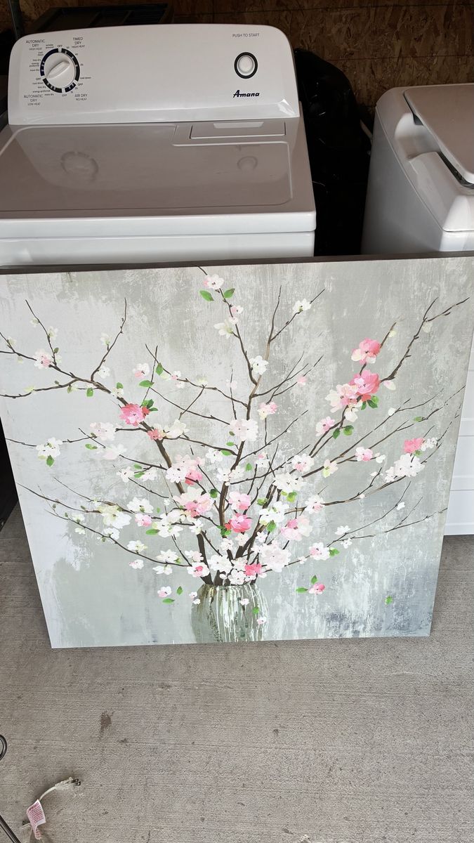 Large Cherry Blossom Painting White Pink Flowers Grey Background Wall Art Decor
