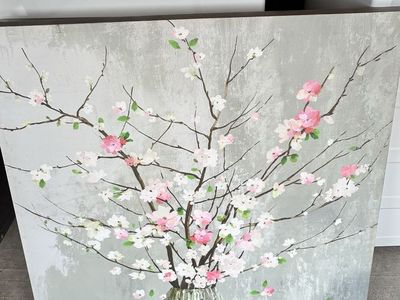 Large Cherry Blossom Painting White Pink Flowers Grey Background Wall Art Decor