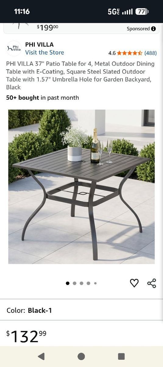 PHI VILLA 37" Black Square Metal Outdoor Patio Dining Table with Umbrella Hole
