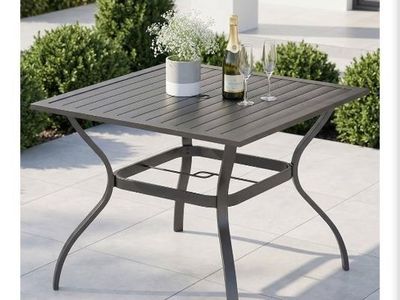 PHI VILLA 37" Black Square Metal Outdoor Patio Dining Table with Umbrella Hole