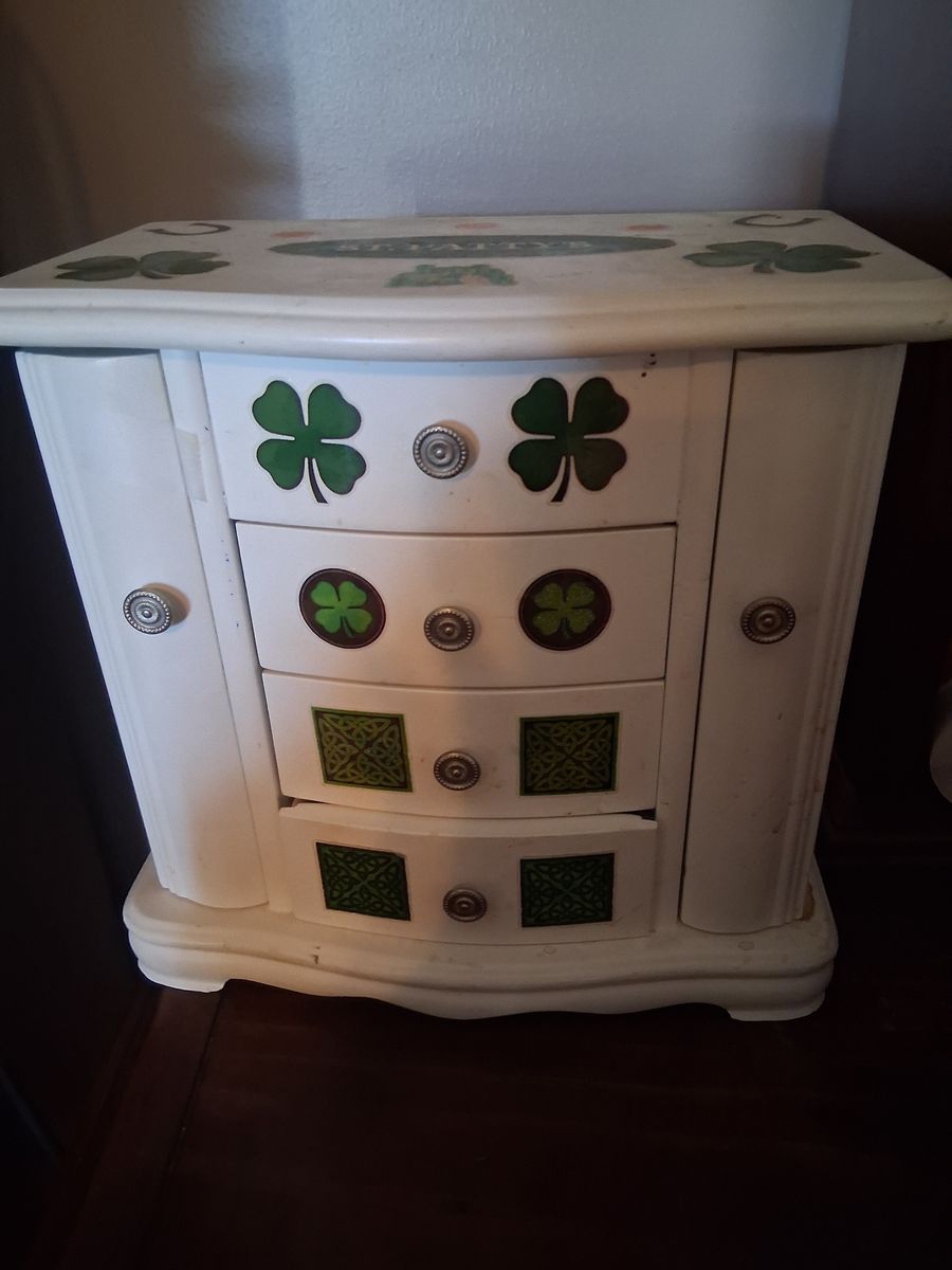 Lot of 2 Wooden Jewelry Armoires - St. Patrick's Shamrock & Traditional Glass Door