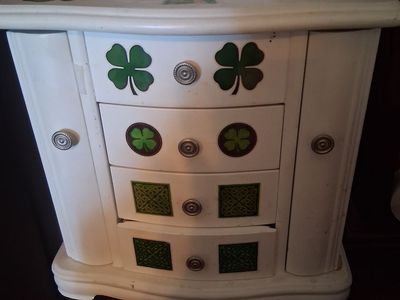 Lot of 2 Wooden Jewelry Armoires - St. Patrick's Shamrock & Traditional Glass Door