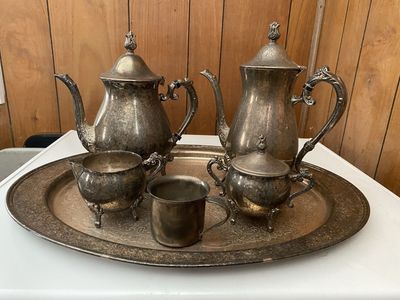 Vintage Silver Plated Tea Set - 6 Piece Ornate Serving Set with Tray, Teapots, Creamer, Sugar Bowl, and Mug