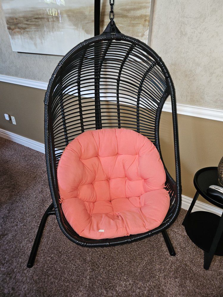 Pier 1 Black Wicker Swingasan Hanging Chair with Coral Cushion